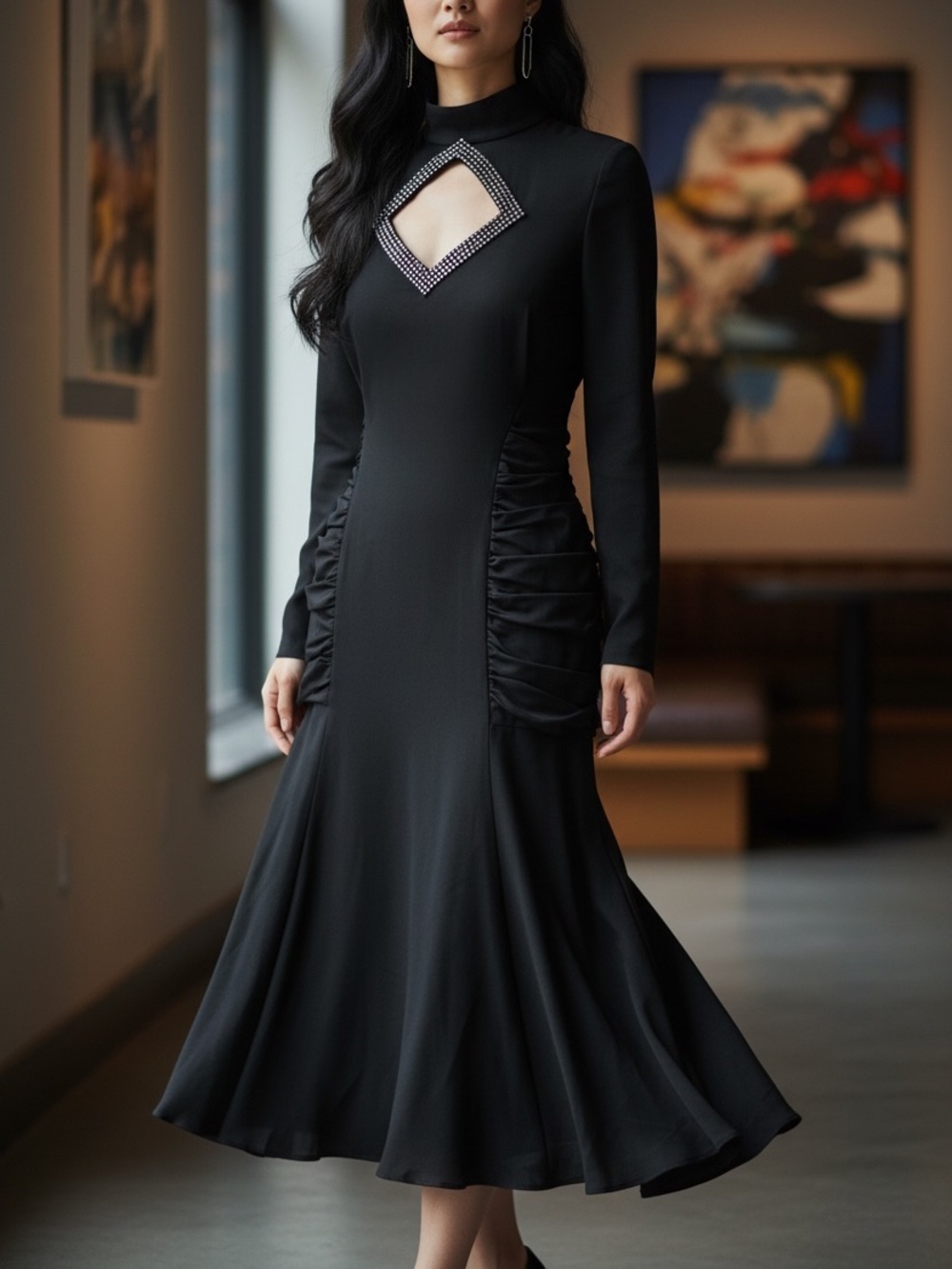 MIGNON by Dorothy Farbo Vintage Black Goth Maxi Dress Rhinestone Cutout USA